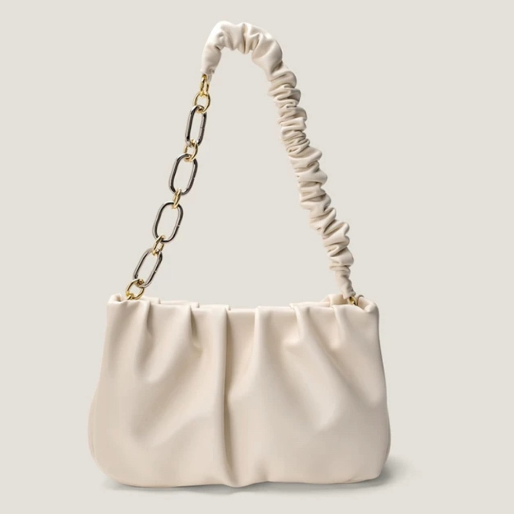 Chic Ruched Beige Shoulder Bag with Chain Strap